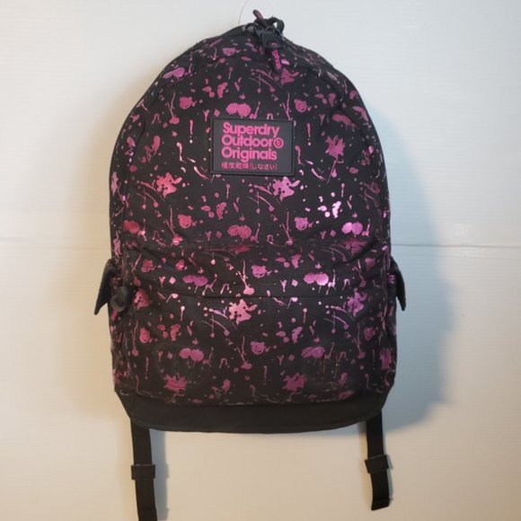 Superdry Handbags - SUPERDRY Outdoor Originals Backpack Neon Pink paint splatter design black pocket